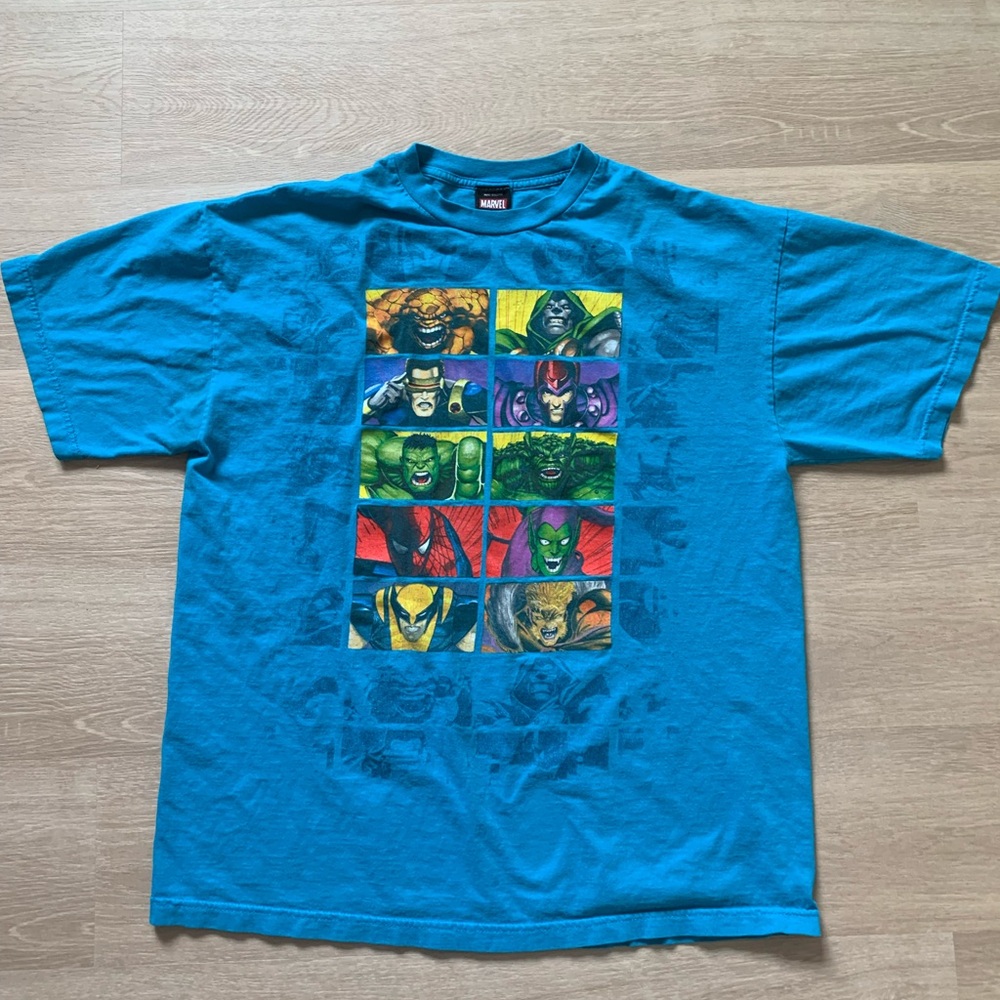 Marvel Mad Engine Shirt Y2K Heros Vs Villains Size XL Light Blue
